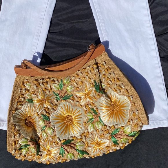 Handbags - Vintage Straw Raffia Handbag Purse Wooden Handle